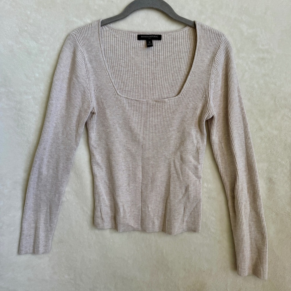 Banana Republic Beige Ribbed Square Neckline Fitted Sweater Womens Size Medium